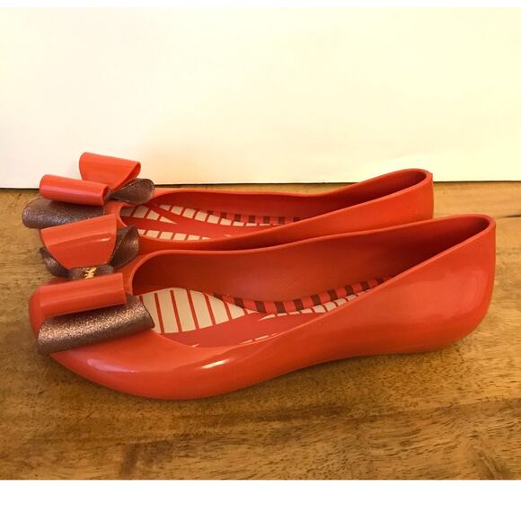 Zaxy Pop Bow Jelly Ballet Flats 6 Orange Gold Slip On - Picture 1 of 9